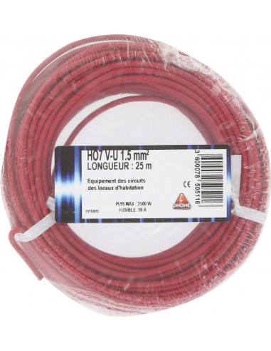 Fil électrique H07 v-u 1,5 mm² 25 rouge