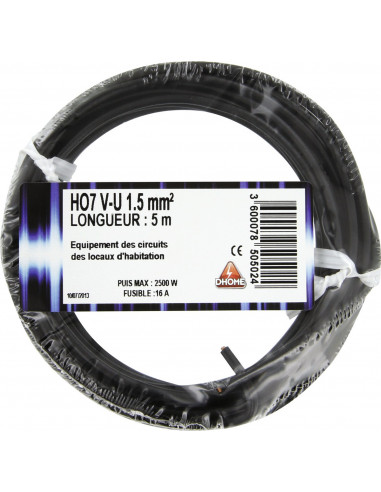 Fil électrique H07 v-u 1,5 mm² 5 noir
