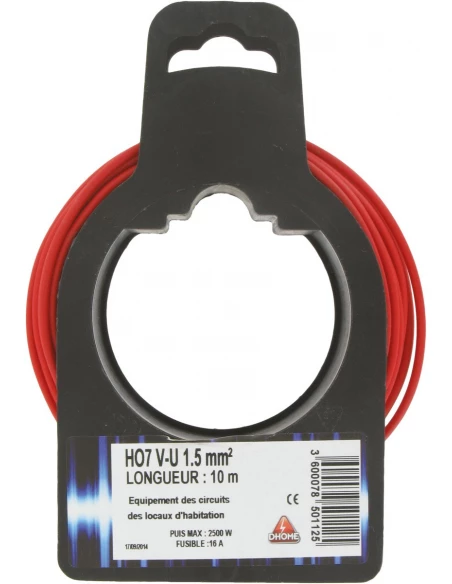 Fil électrique H07 v-u 1,5 mm² 10 rouge