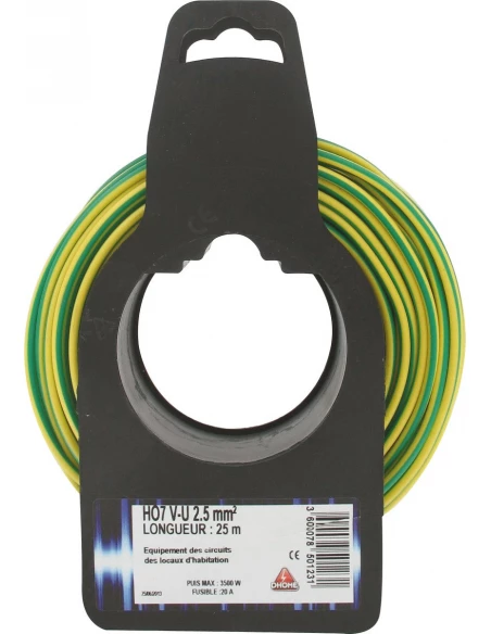 Fil électrique H07 v-u 2,5 mm² 25 vert / jaune