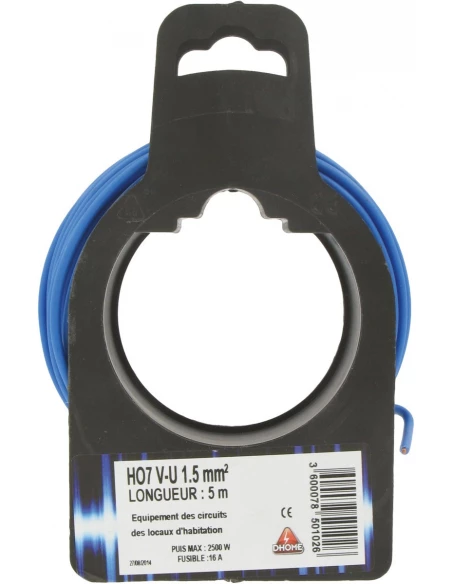 Fil électrique H07 v-u 1,5 mm² 5 bleu