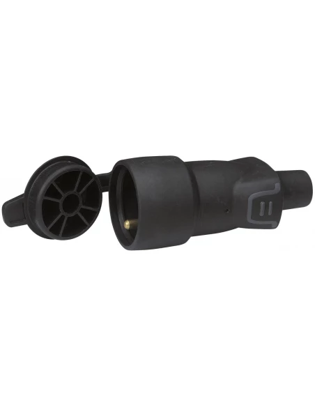 Fiche caoutchouc noire 2p+t 16 a connexion à vis avec bouchon femelle