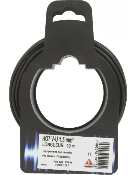 Fil électrique H07 v-u 1,5 mm² 10 noir