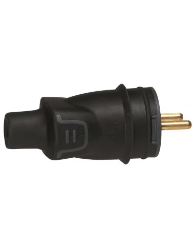 Fiche caoutchouc noire 2p+t 16 a connexion à vis sortie droite male