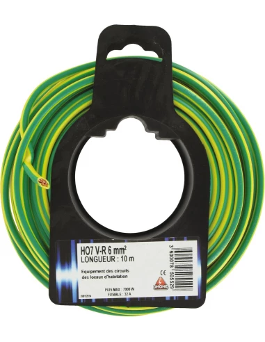 Fil électrique H07 v-r 6 mm² 10 mêtres vert / jaune