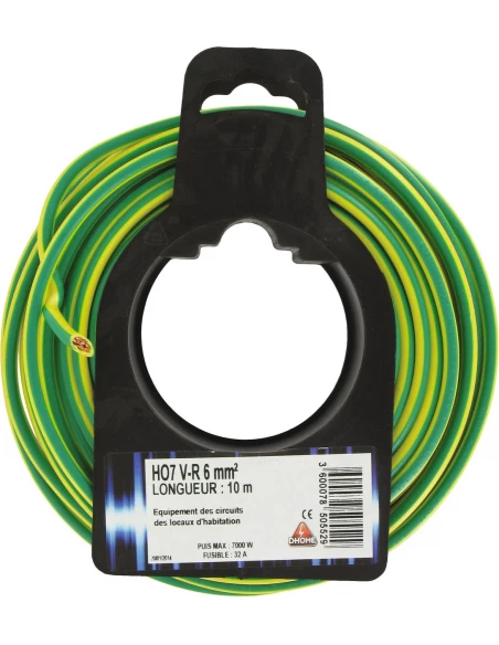 Fil électrique H07 v-r 6 mm² 10 mêtres vert / jaune