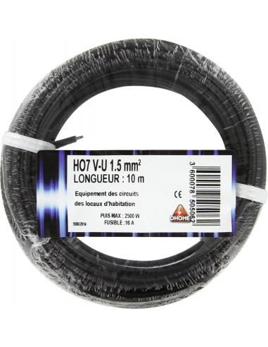 Fil électrique H07 v-u 1,5 mm² 10 noir