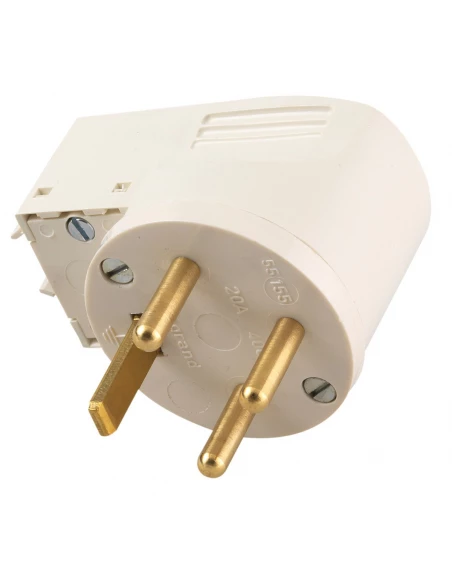 Fiche plastique 3p+t 20 a sortie latérale male blanc