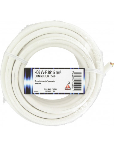 Câble HO5VV.F Blanc 3G1.5mm2 5m Câble souple HO5VV.F 3G1.5mm2 pour usage domestique - Dhome