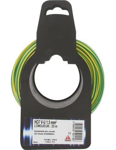 Fil électrique H07 v-u 1,5 mm² 25 vert / jaune