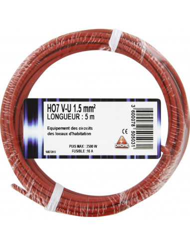 Fil électrique H07 v-u 1,5 mm² 5 rouge