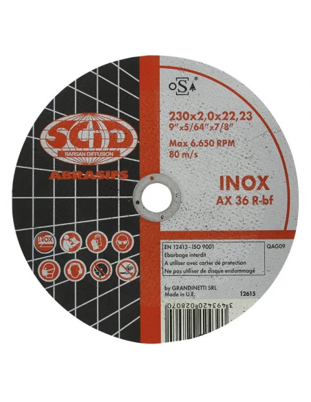 Disque à tronçonner l'inox moyeu plat ø x ep (mm) 230 x 2