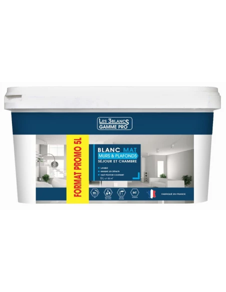 Peinture blanche mat 5 litres - LES 3 BLANCS