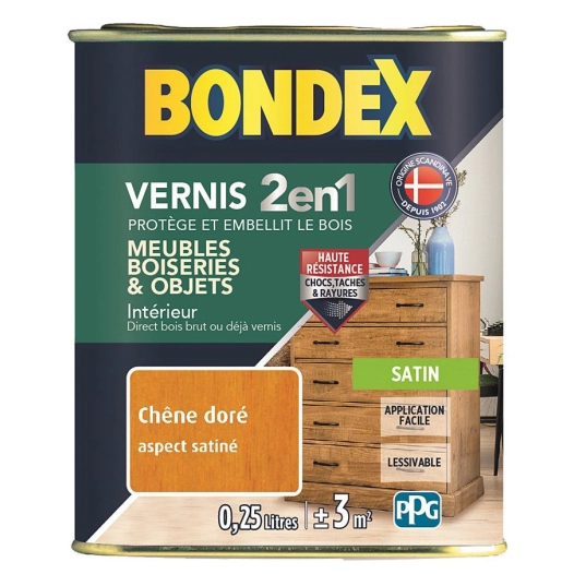 Vernis Bois Satin 2en1 Pot 0L25 Chêne Doré - BONDEX