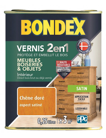 Vernis Bois Satin 2en1 Pot 0L25 Chêne Doré - BONDEX