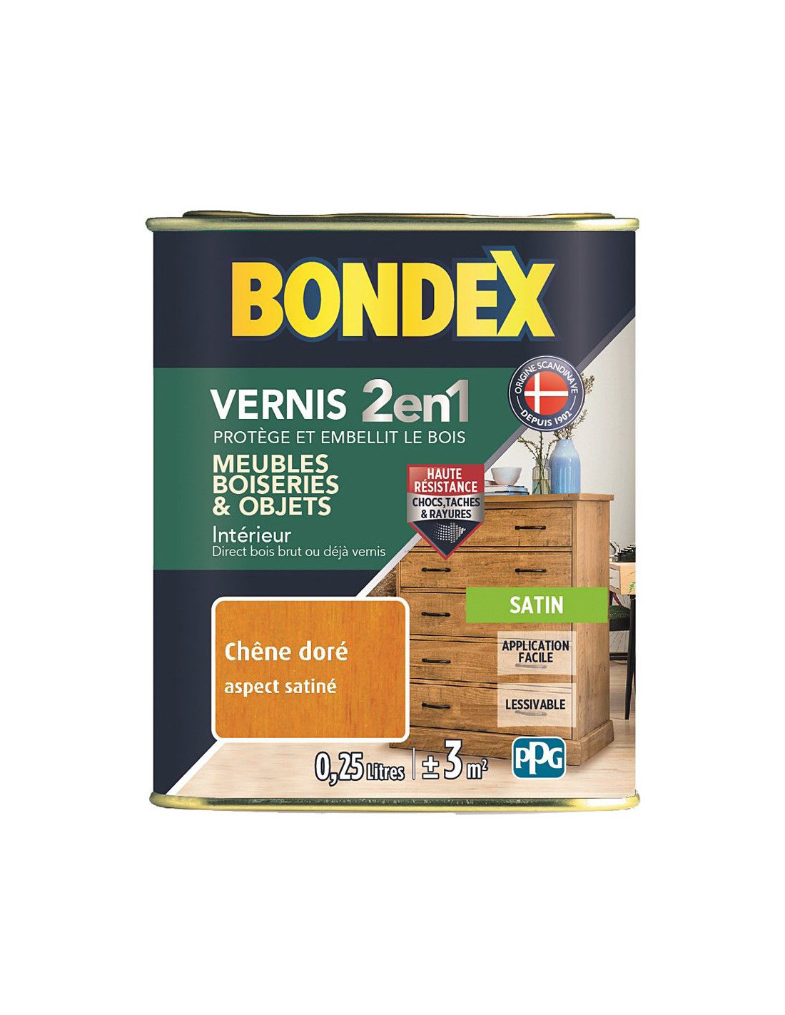 Vernis Bois Satin 2en1 Pot 0L25 Chêne Doré - BONDEX - 127464