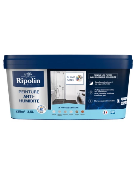 Peinture Anti-Humidité Satin Pot 2.50L Blanc - RIPOLIN
