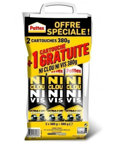 Colle ni clou ni vis Lot 2x380gr +1 X380g Gratuit - PATTEX