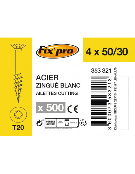 Vis à bois tête fraisée TX filetage partiel 4,0x 50 / 500 pièces