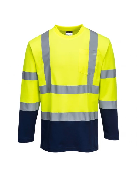 T-Shirt Coton Comfort bicolore manches longues couleur : Jaune/Marine taille L - PORTWEST