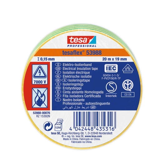 10 Ruban Isolant Homologué Bicolore 20m X 19mm 53988 Tesa