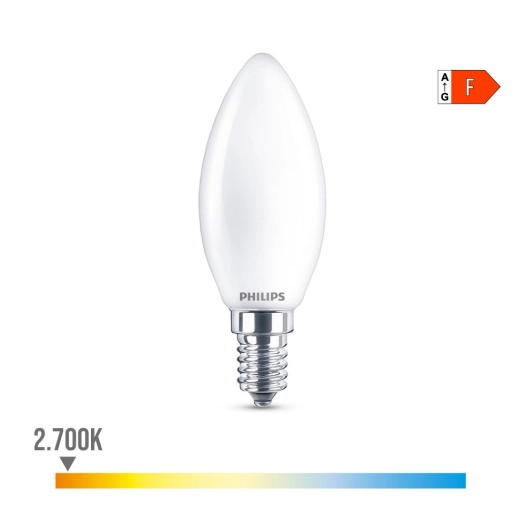 Ampoule Bougie Led E14 4.3w 470lm 2700k Lumière Chaude Ø3.5x9.7cm. Philips