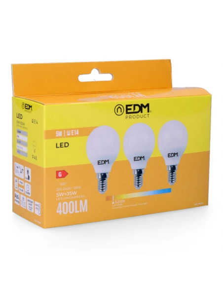 Kit 3 Ampoules Led Sphériques E14 5w 400lm 3200k Lumière Chaude Ø4.5x8cm Edm