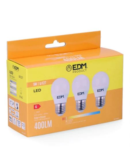 Kit 3 Ampoules Led Sphériques E27 5w 400lm 3200k Lumière Chaude Ø4.5x8cm Edm