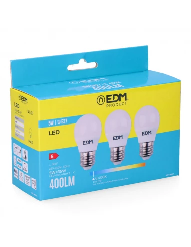 Kit 3 Ampoules Led Sphériques E27 5w 400lm 6400k Lumière Froide Ø4.5x8cm Edm
