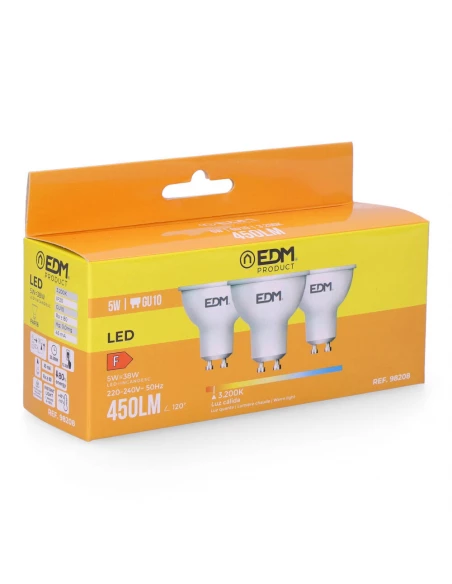 Kit 3 Ampoules Led Dichroïques Gu10 5w 450lm 3200k Lumière Chaude Ø5x5,5cm Edm