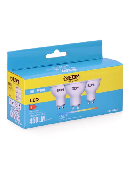 Kit 3 Ampoules Led Dichroïques Gu10 5w 450lm 6400k Lumière Froide Ø5x5,5cm Edm