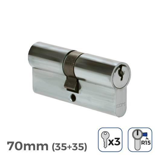 Cylindre De Porte À Nickel 70mm (35+35MM) Largeur De Came R15 Avec 3 Clés Inclus Edm