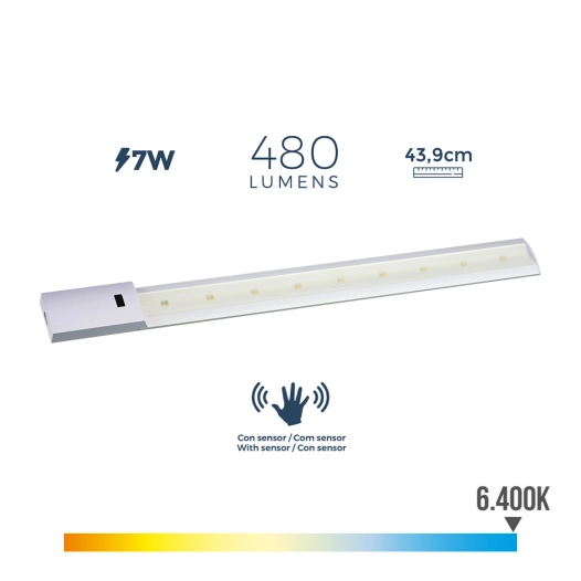 Réglette Led Avec Détecteur De Mouvement 7w 480lm 6400k Lumiere Froide 5,5x43,9cm Edm