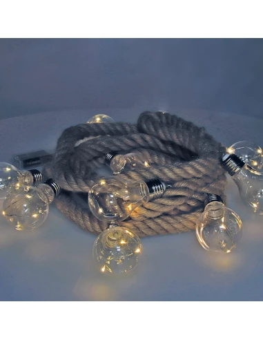 Guirlande A Batterie Fixe 10 Ampoules Avec 3 Leds Chaque Ampoule. Corde De Jute Légère Blanc Chaud 3,15m