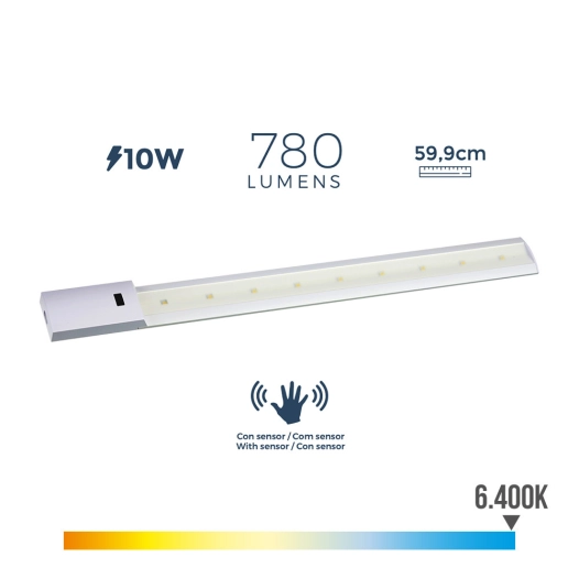 Réglette Led Avec Détecteur De Mouvement 10w 780lm 6400k Lumiere Froide 5,5x59,9cm Edm