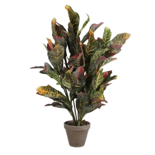 Croton Artificiel Vert En Pot Gris