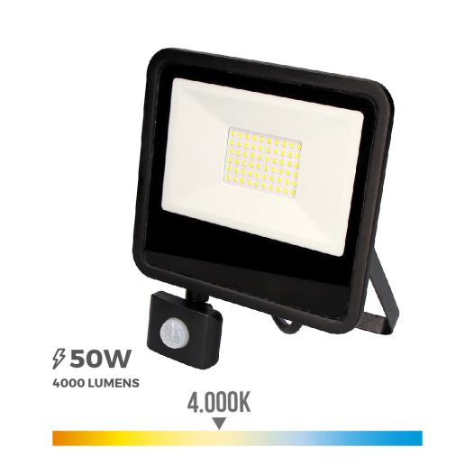 Projecteur Led 50w 4000lm 4000k Lumière Du Jour Avec Capteur De Présence 23,8x4,5x19,2cm Edm