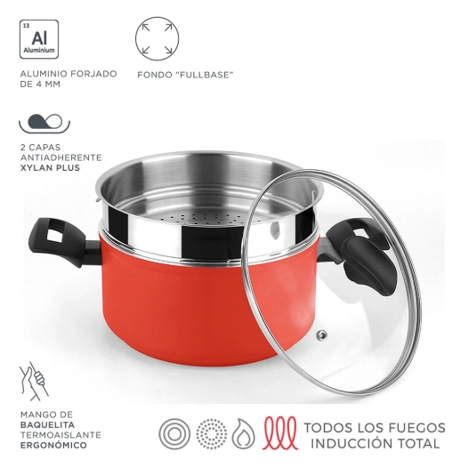 Casserole Maxima + Couvercle + Panier Vapeur Rouge Aluminium 3004 Fagor Ø20x10cm