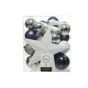 Boite De 33 Accessoires Pour Arbre De Noel Bleu, Blanc Et Argente.