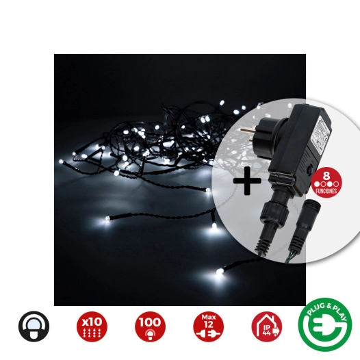 Rideau Avec Programmeur Easy-Connect 2x1m 10 Bandes 100 Leds Blanc Froid Edm