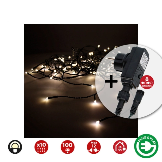 Rideau Avec Programmeur Easy-Connect 2x1m 10 Bandes 100 Leds Blanc Chaleureux Edm