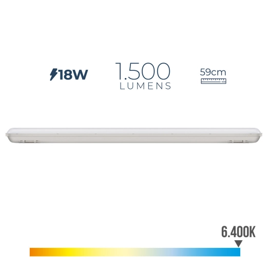 Réglette Led Étanche Ip65 18w 1500lm 6500k Lumière Froide 5.9x59x6.6cm Edm