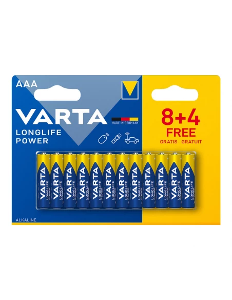 S.Of. Pile Alcaline Varta Longlife Power Aaa - Lr03 (EMBALLAGE 8+4 Unit) Ø10,5x44,5mm