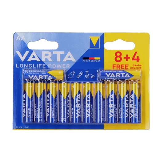 S.Of. Pile Alcaline Varta Longlife Power Aa - Lr06 (EMBALLAGE 8+4 Unit) Ø14,5x50,5mm