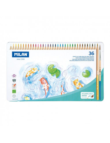 Boite Metallique 36 Crayons Aquarelle De Couleur Mine Epaisseur Ø3,5mm Hexagonal + Brosse Milan