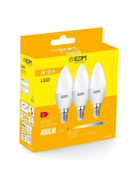 Kit 3 Ampoules Bougie Led E14 5w 400lm 3200k Lumière Chaude Ø3.6x10cm Edm