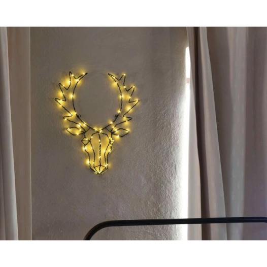 Tête De Cerf Micro Led3,5v - L:50cm X I:3,5cm X H:58cm - 58 Micro Led Blanc Chaud - Cadre En Métal Noir