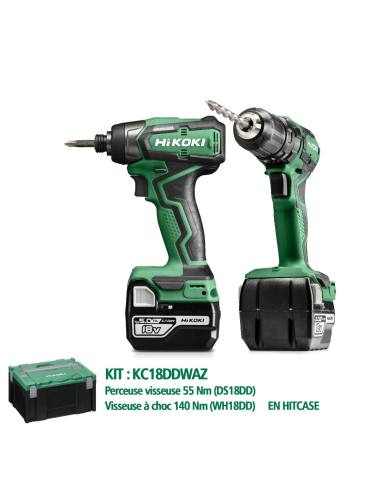 Kit Perceuse visseuse + Visseuse à choc : 18V - 5,0 Ah Li-ion - Hikoki