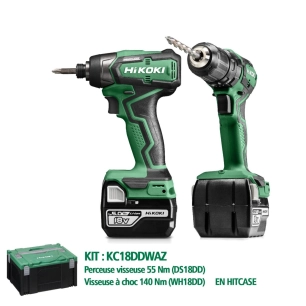 Kit Perceuse visseuse + Visseuse à choc : 18V - 5,0 Ah Li-ion - Hikoki