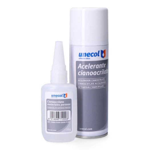 Kit Accélérant + Cyano M.Porosos, Bot. 50g + Aeros. 200ml A7156 Unecol